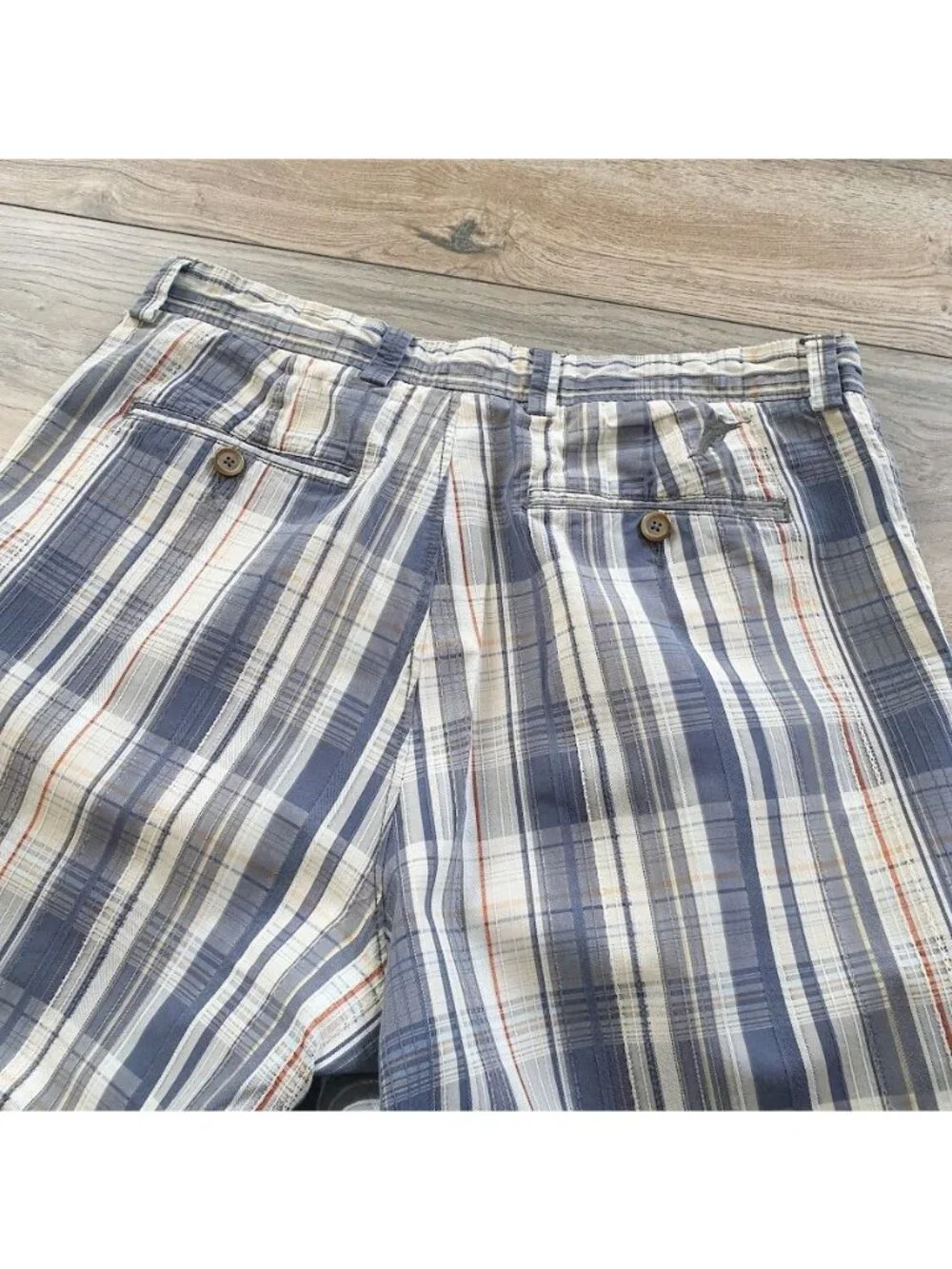 Tommy Bahama Mens Plaid Bermuda Shorts Blue White Orange Size 32 Casual Beach